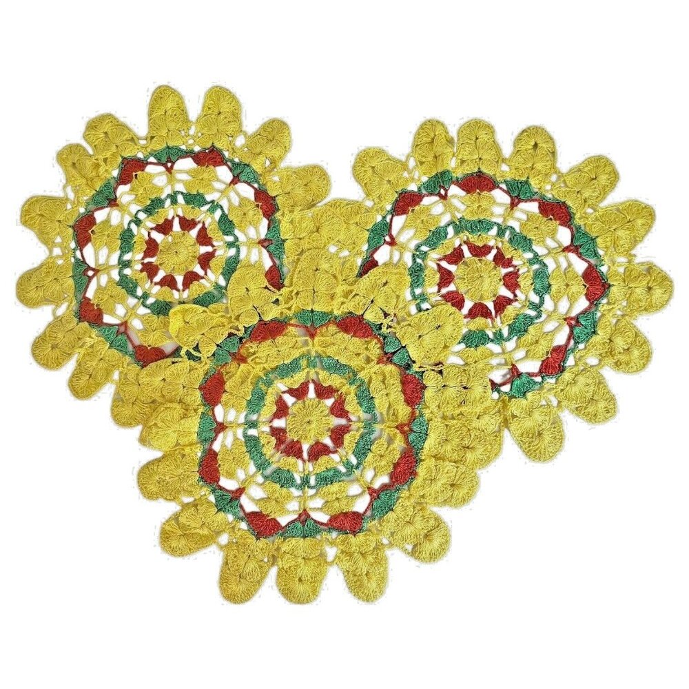 3 Handmade‎ Doilies Yellow Green Crocheted Round 15" Across Handmade Doily Set